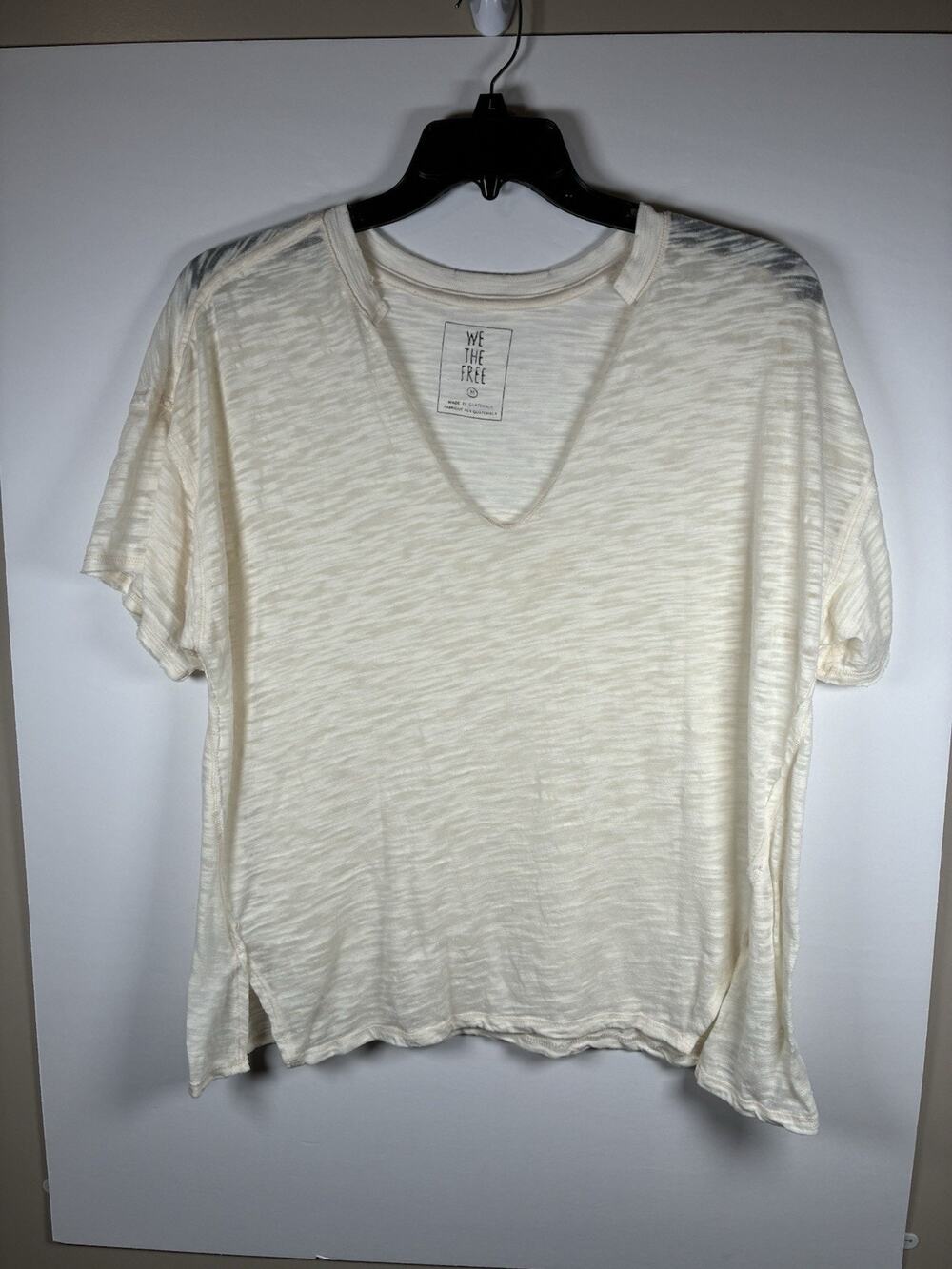 We The Free People M Cream Slub Knit V Neck Boxy Tee Oversized Boho Cottagecore